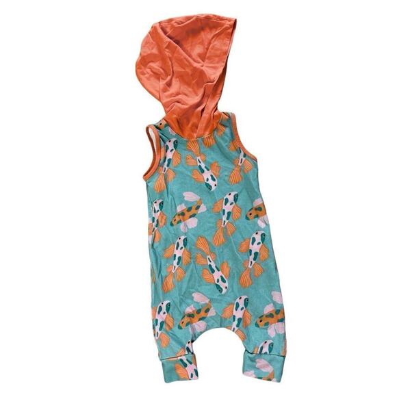 RAGS Orange Blue Koi Fish Hooded Tank Sleeveless Stretchy Romper sz 6-12 months - Picture 7 of 8
